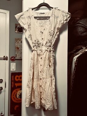 Boho Embroidered Cream Midi Dress with Tie Waist and buttons down front